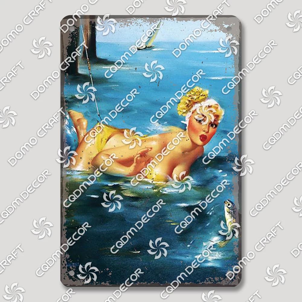 Vintage Znak Metalowy Blaszany Dziewczyny Wędkujące Retro Kobieta z Psami Dekoracja Ścienna dla Klubu Wędkarskiego Dom Wiejski