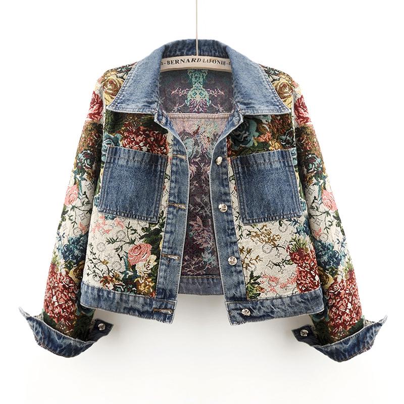 

Women s Spring Print Denim Jacket with Long Sleeves and Turn-Down Collar L