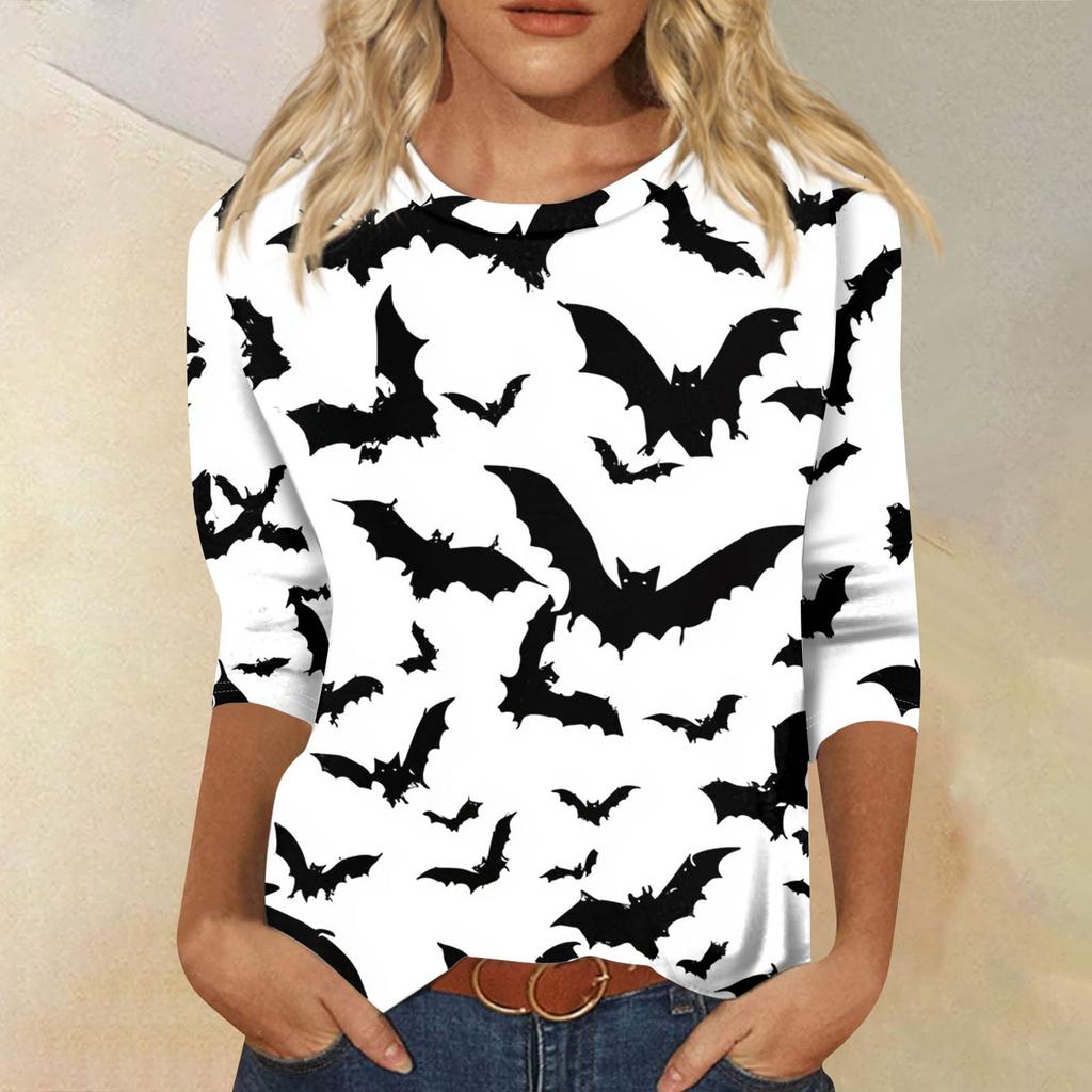 Dámské módní ležérní tričko s tříčtvrtečním rukávem a halloweenským potiskem, s kulatým výstřihem