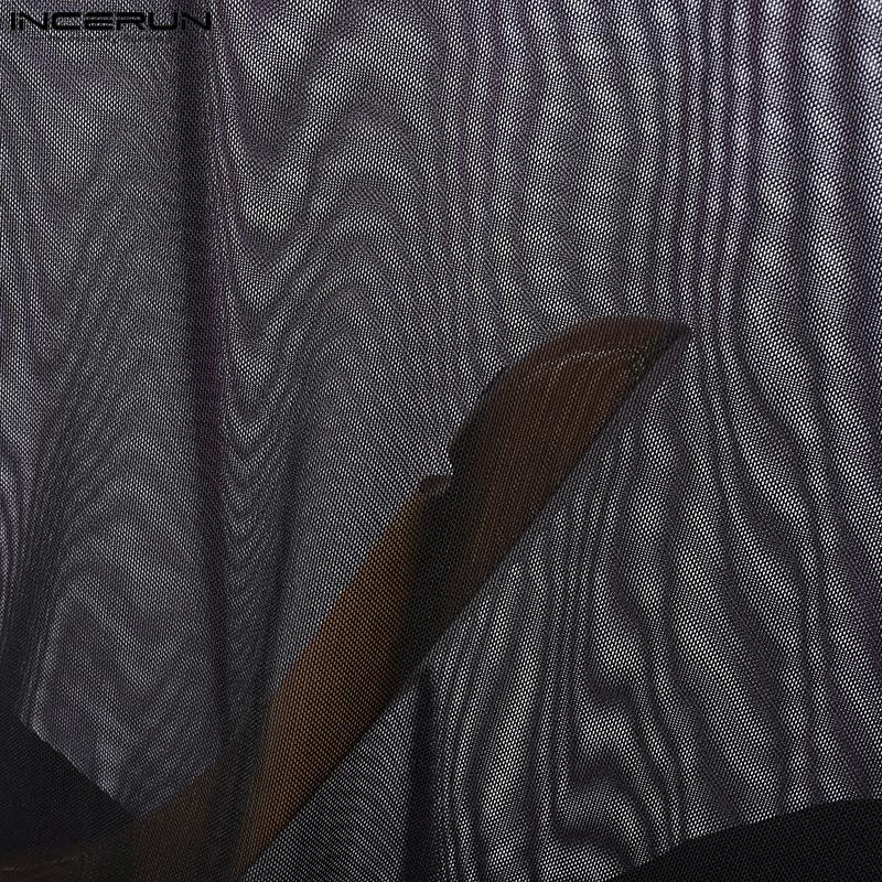 INCERUN Men High Neck Striped Mesh Sheer Stitching Irregular Party Club T-shirts Tops