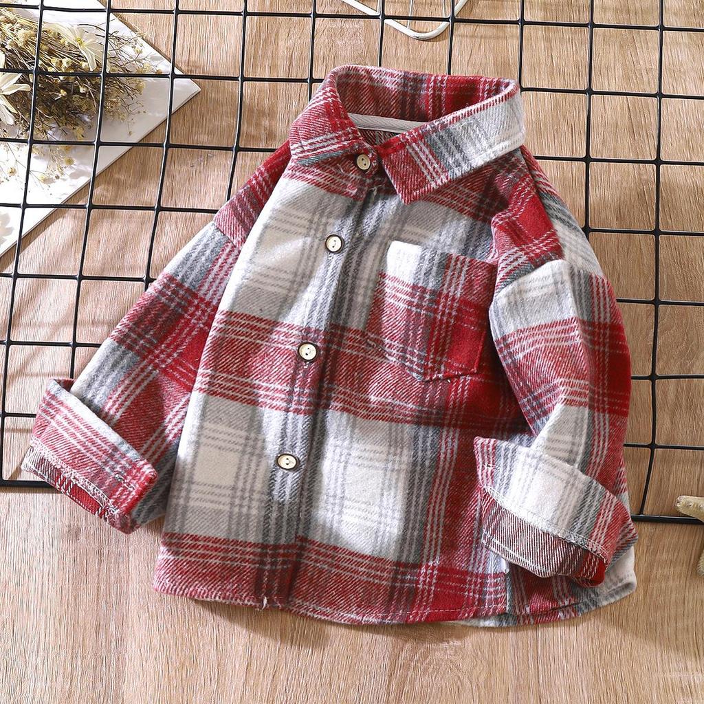 Unisex Retro Plaid Long Sleeve Shirt/Cardigan with Lapel for Kids