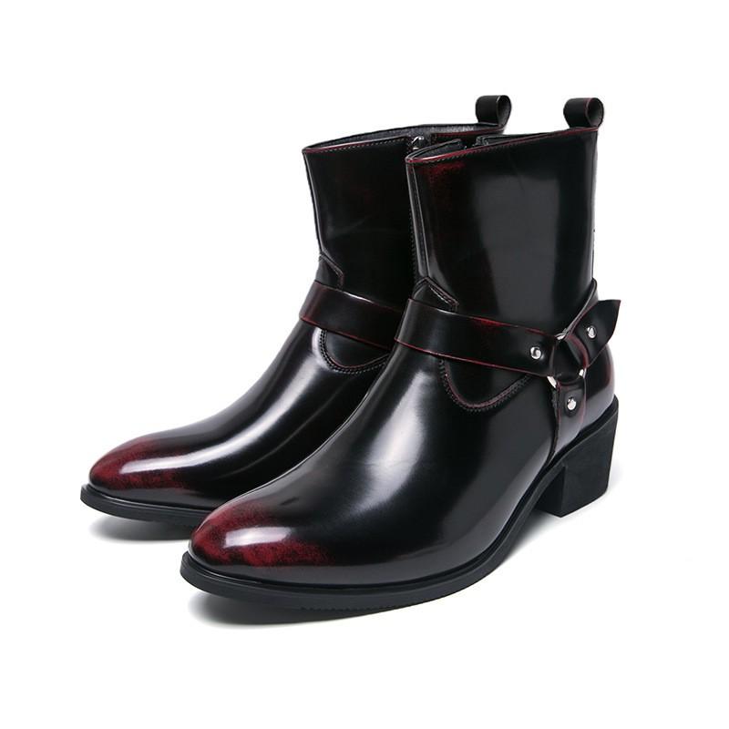 Mens Chelsea Boots With Metal Buckle Side Zipper Pointed Toe Mid-Calf Fashion Casual Leather