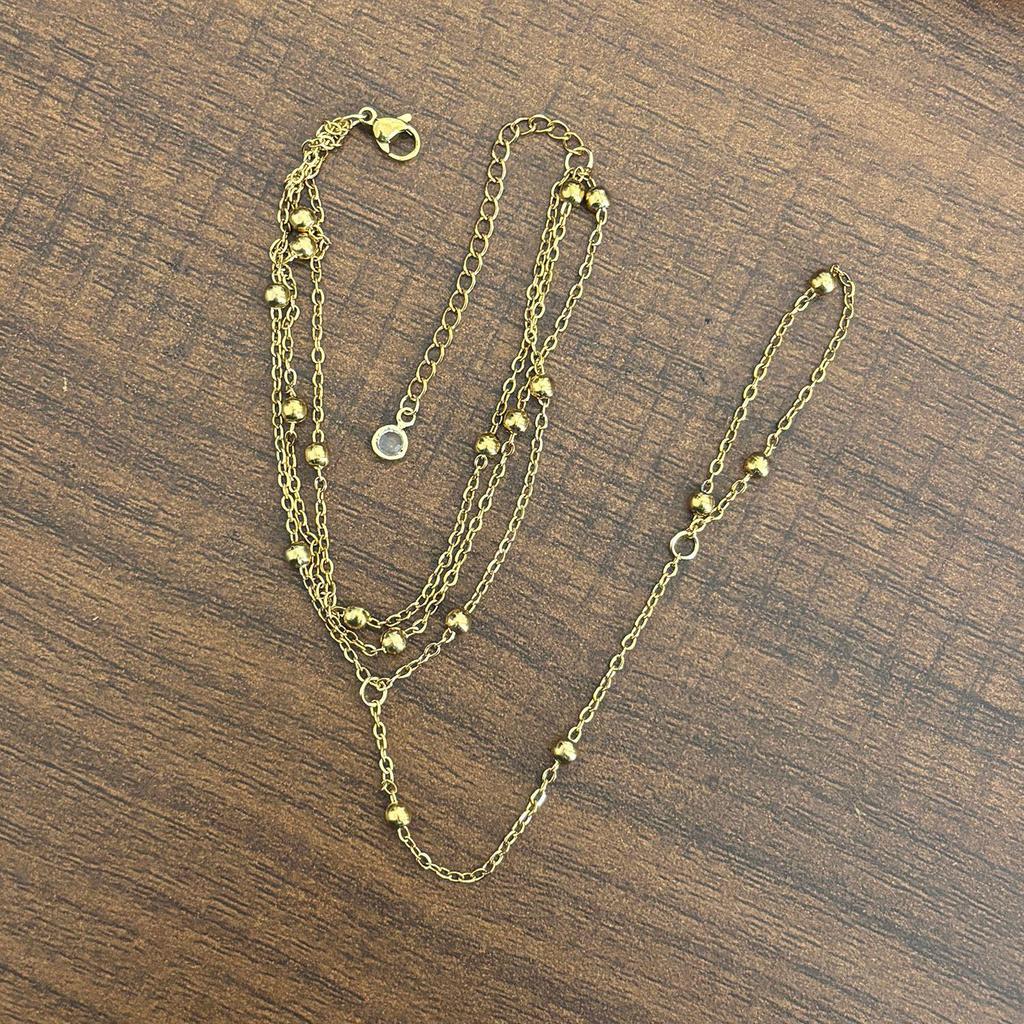 18K Gold Plated Stainless Steel Three-Layer Cross Ball Chain Finger Bracelet with Ring, Non-Fading.