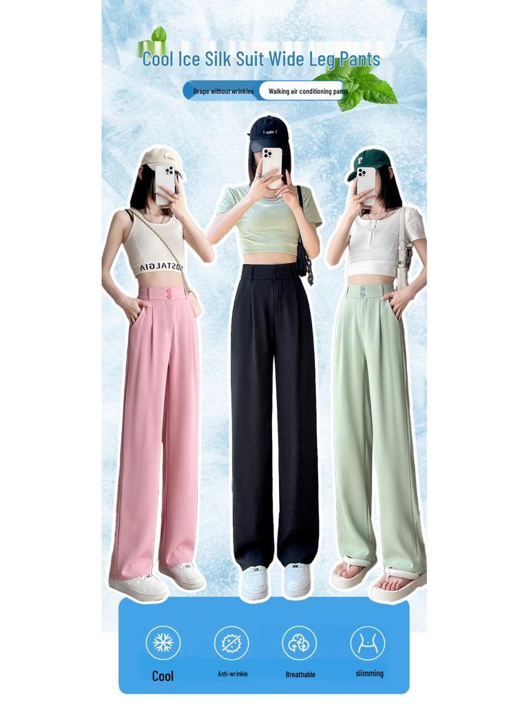 Ice Silk High Waist Chiffon Wide Leg Pants - Women's Summer Korean Style