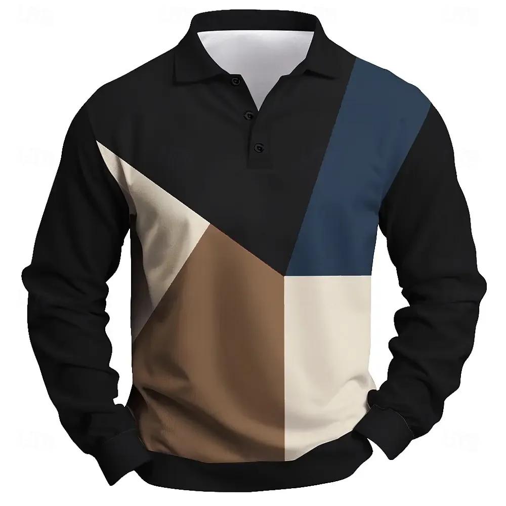 T-shirt with Printed 2025 Fashion Men's Color Blocked Long Sleeved CollarBreathable Casual Top Slim Fit and Quick Drying