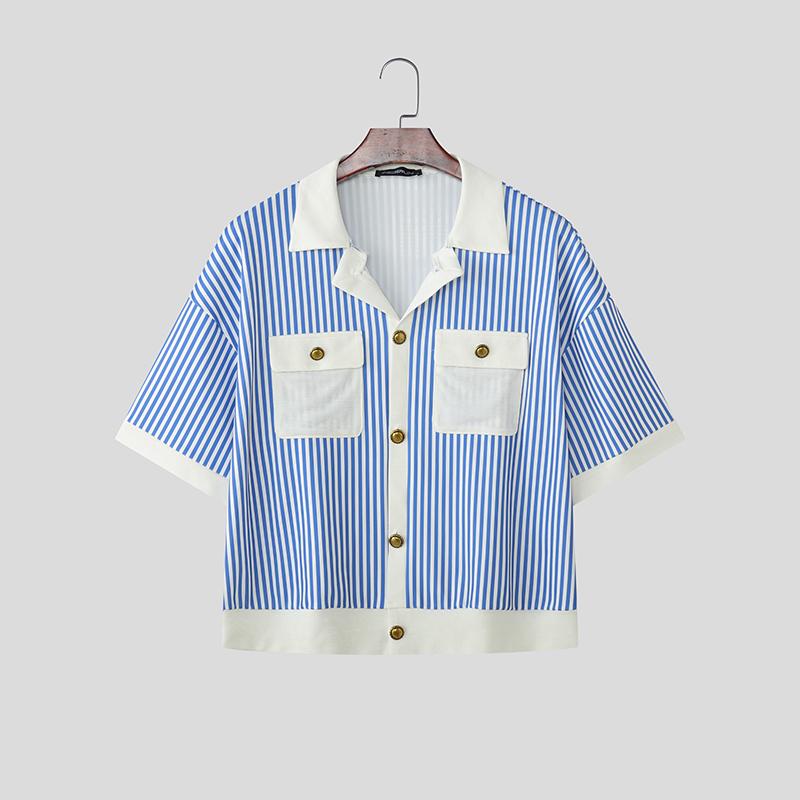 INCERUN Summer Men Lapel Short Sleeve Striped Print Patchwork Button Up Casual Crop Shirts
