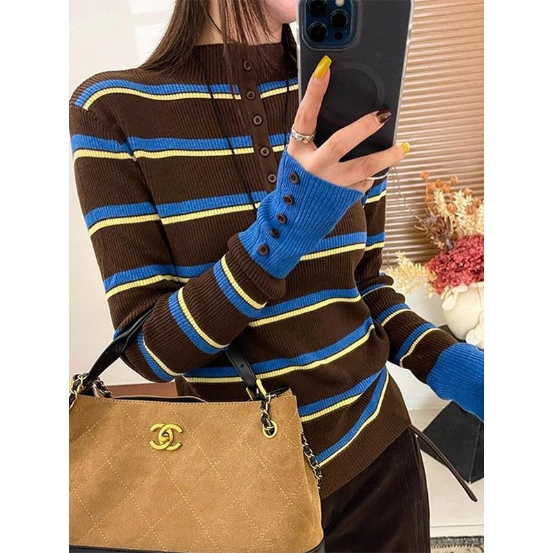 Small Stand-up Collar Stacked with Contrasting Striped Knitted Sweater, Autumn and Winter Button Retro Long-sleeved Top, and Sweater Inside for Women