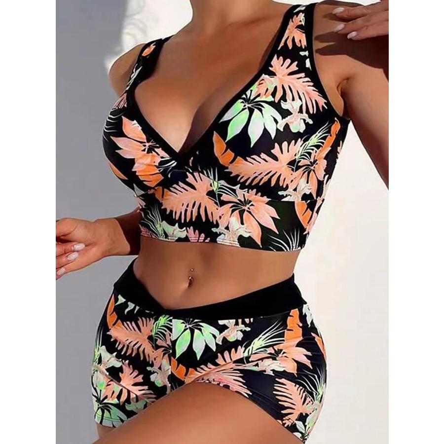 Print V Neck & Waist Boxer Bikini 2025 Swimsuit Women Padded Swimwear Female Bathers Bathing Swimming Swim Suit Beachwear