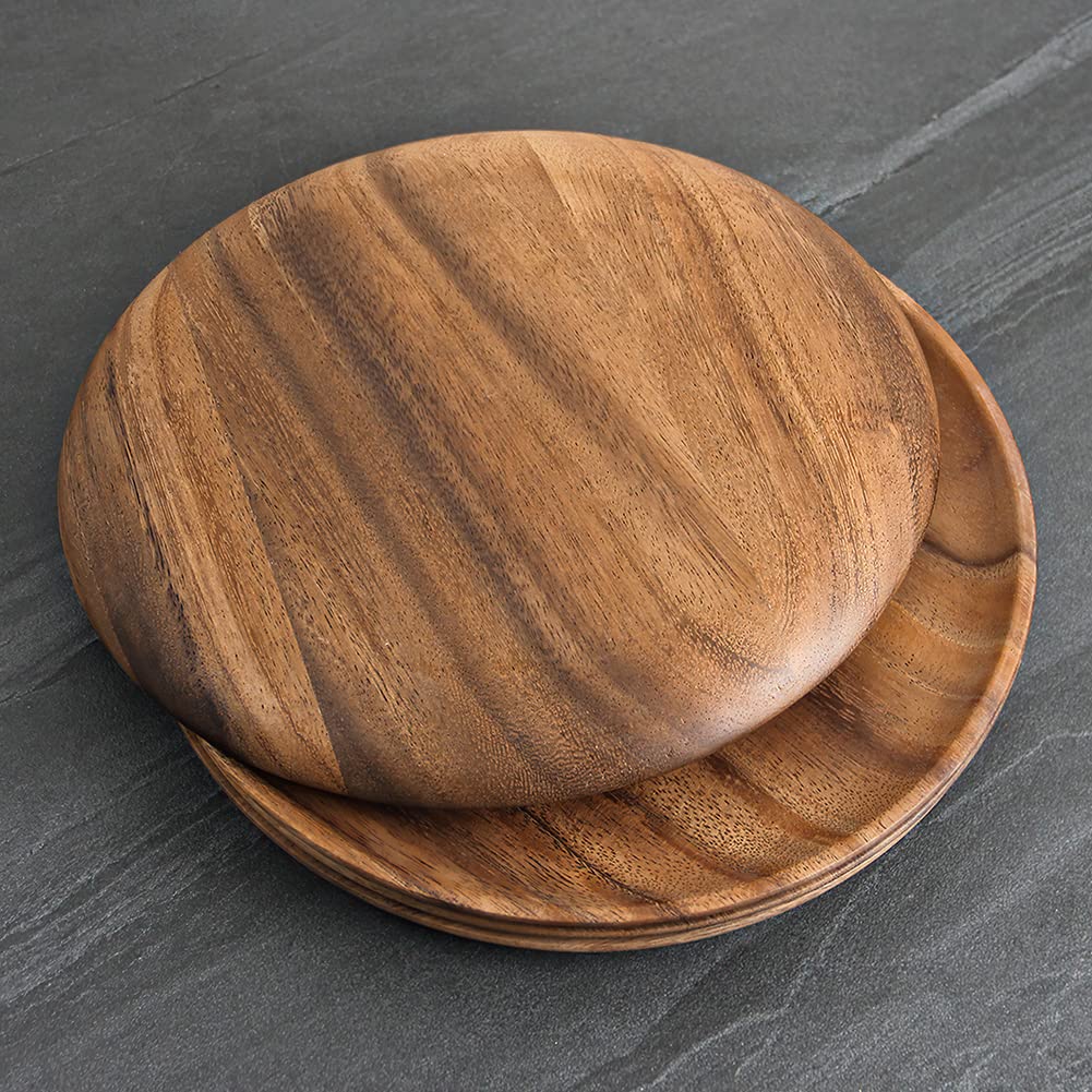 YFWOOD Lacquered Acacia Wood Plate Set, 4 Pieces, 27cm Diameter, Large Wooden Tray, Round Plate, Japanese Tableware, Grilled Fish, Appetizers, Sweets,