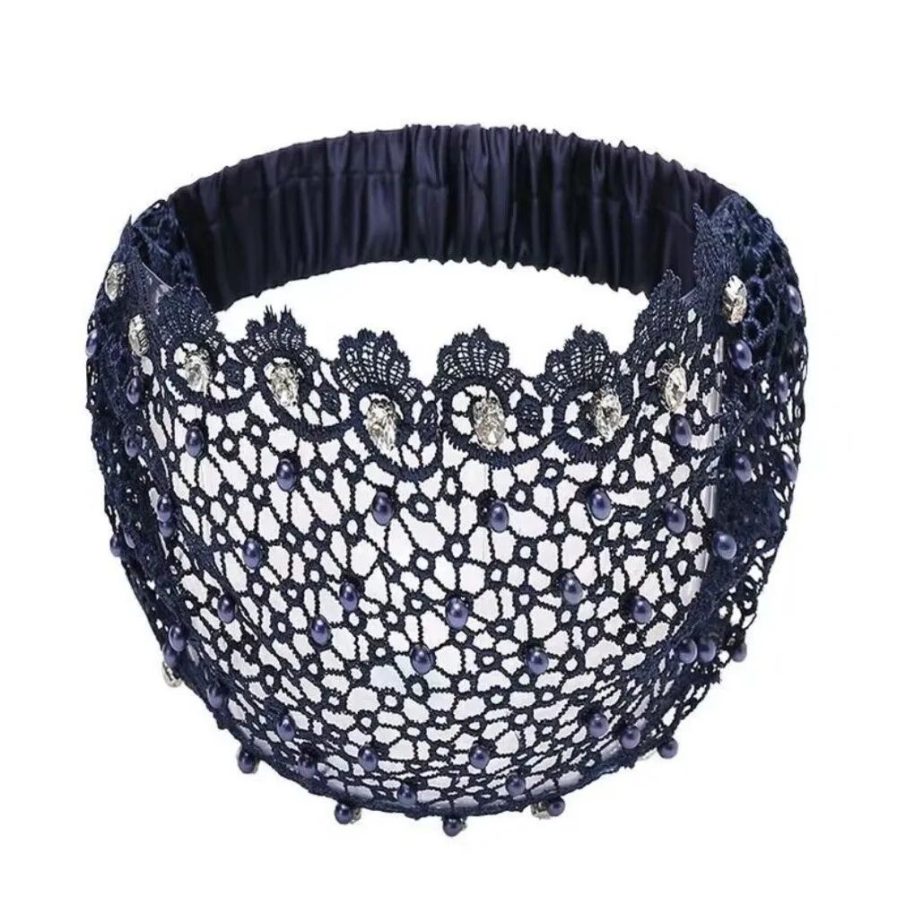 Crystal Pearl Floral Beaded Headbands Lace Hollow Pattern Plum Blossom Headband Stretchy Breathable Baotou Hat Hair Accessories