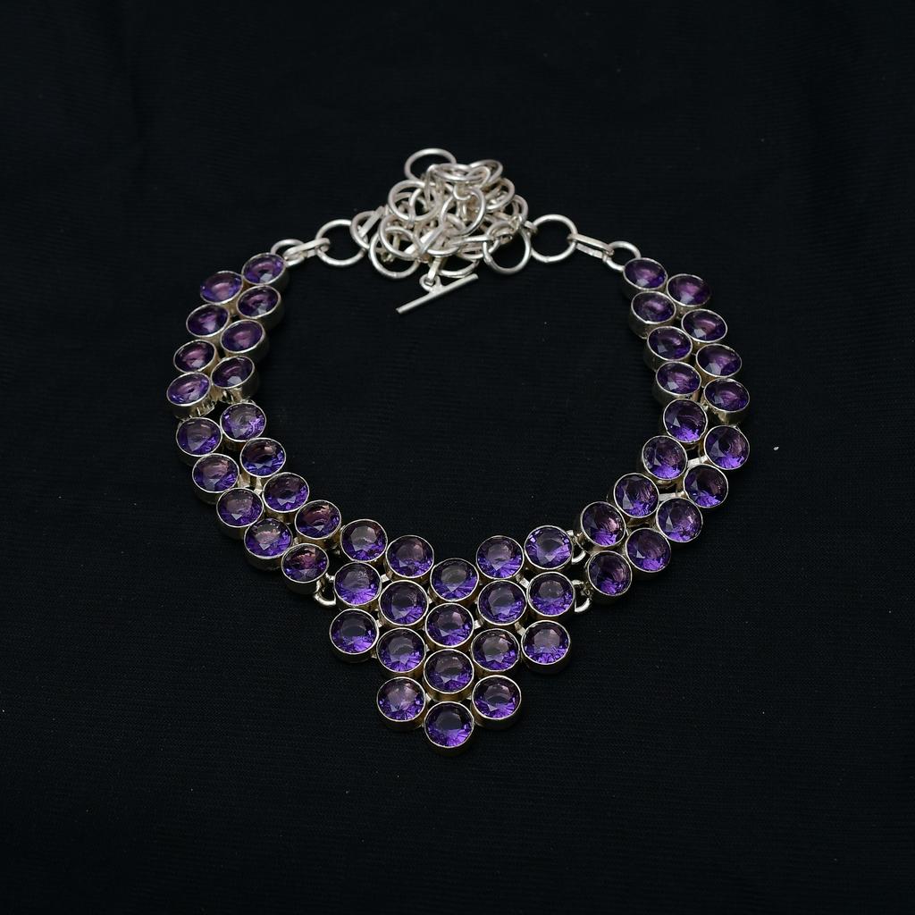 Amethyst Gemstone : 925 Sterling Silver Handmade Multi shape Stone Necklace Jewelry