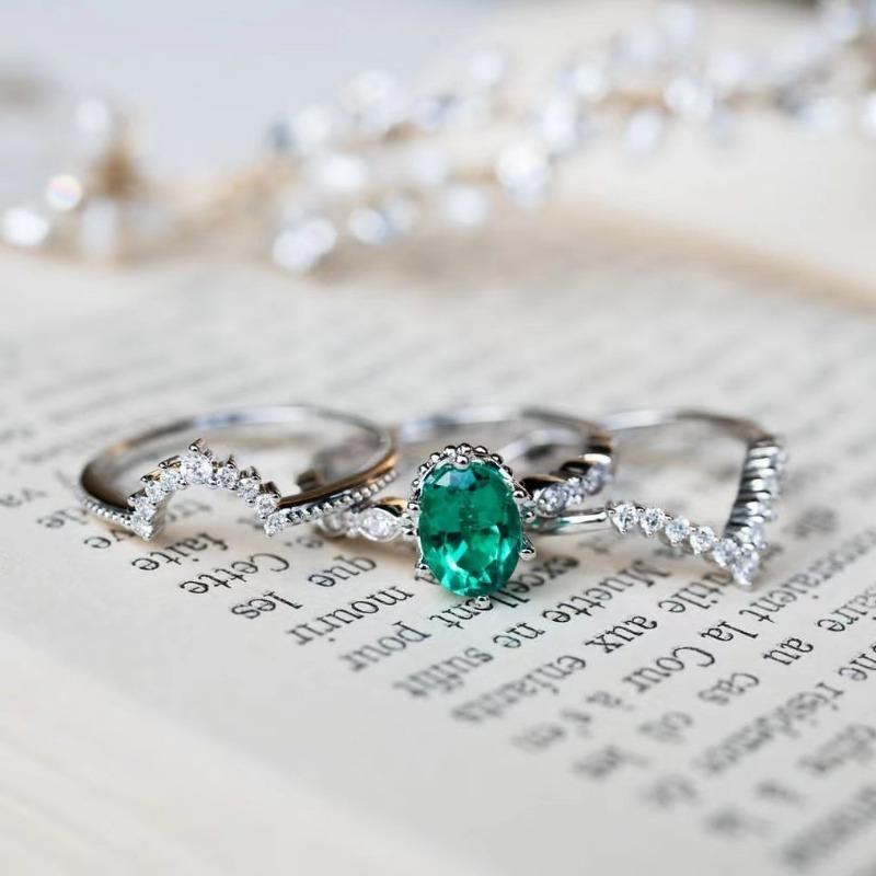 New Ins European and American Light Luxury Grandmother Green Zircon Three Piece Women s Ring Set 5&Platinum Plated зелёный