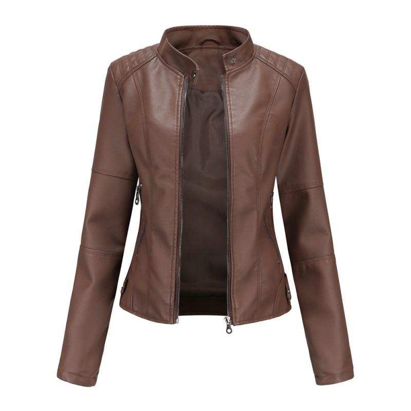 Womens Slim Fit PU Leather Jacket Stand Collar Biker Style Lightweight Coat
