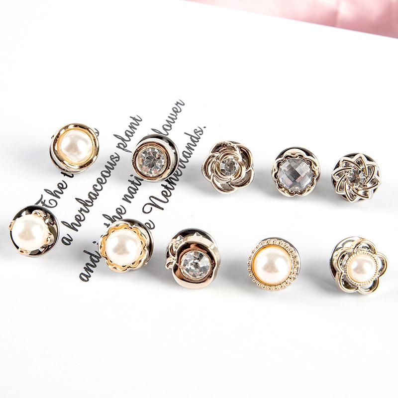 10Pcs Button Brooch Set  Pearl  Pin Coat Clothes Accessories