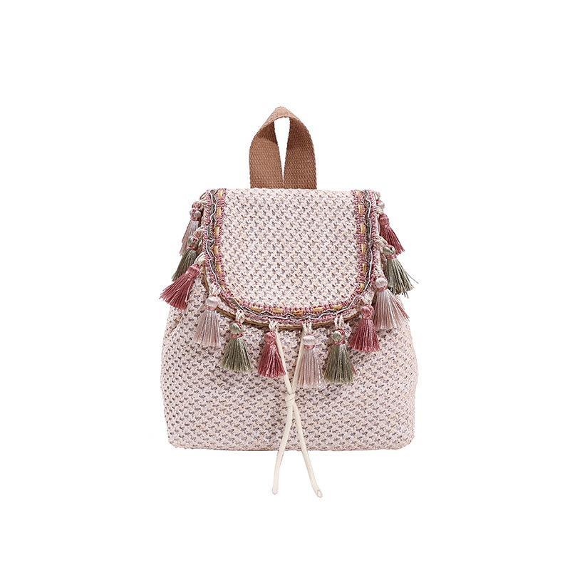 Bohemian Ethnic Style Woven Bag Fringe Backpack Large Capacity Leisure Holiday Straw Bag