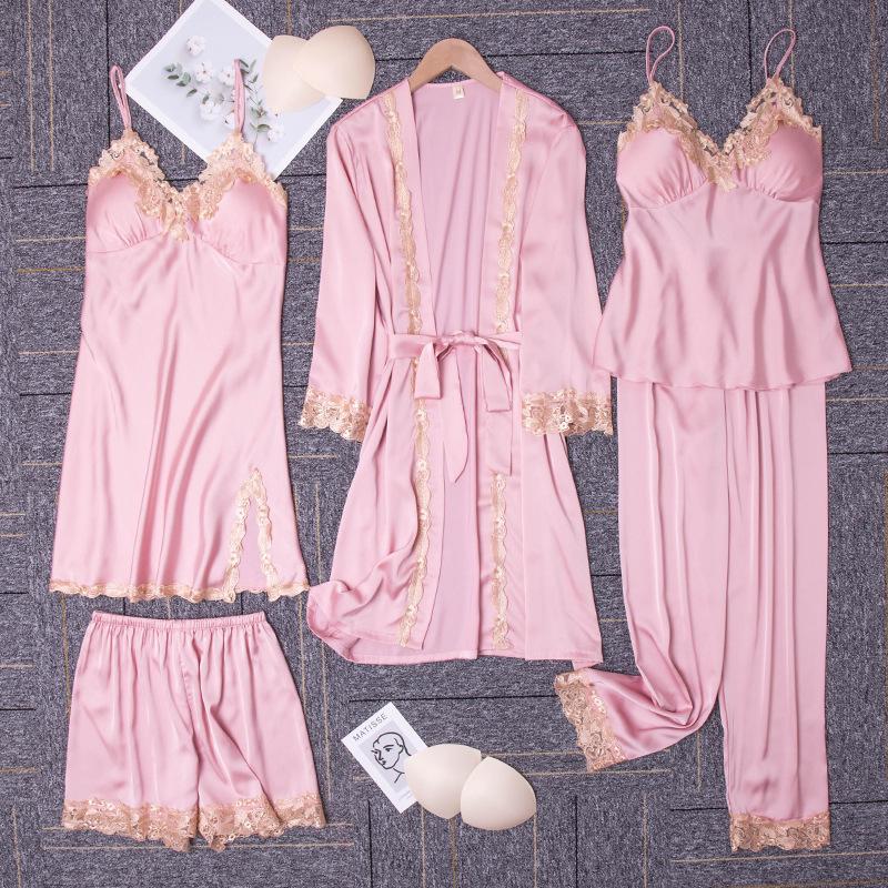 Yao Ting Satin Chiffon Five-Piece Pajama Set: Ice Silk, Casual, Sexy, with Chest Pads for Spring/Summer