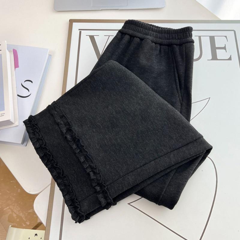 Plus Size Women Winter Fleece Thickened Lace Hem Wide Leg Casual Pants