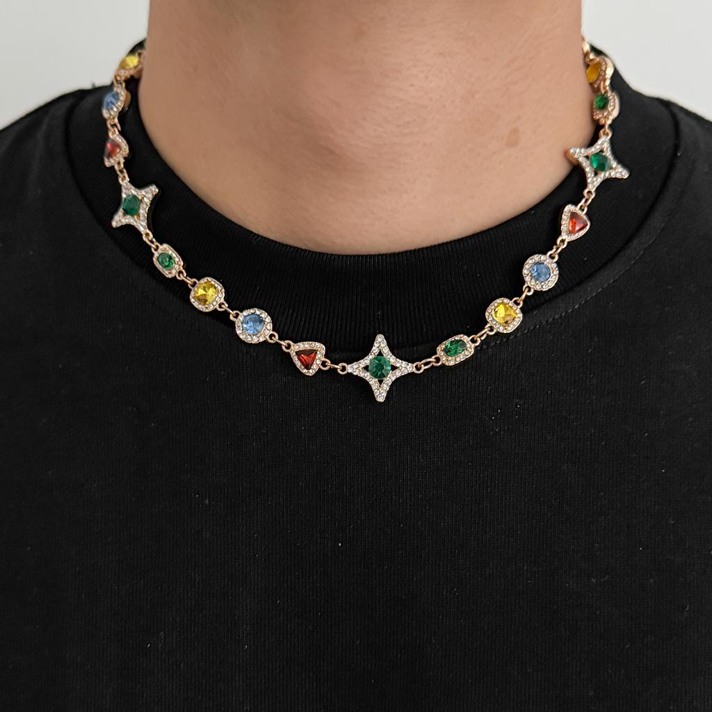 Salircon Trendy Luxury Colorful Crystal Chain Necklace Bracelet Set Men Hip Hop Clavicle Chain Trend Jewelry Male Birthday Gift