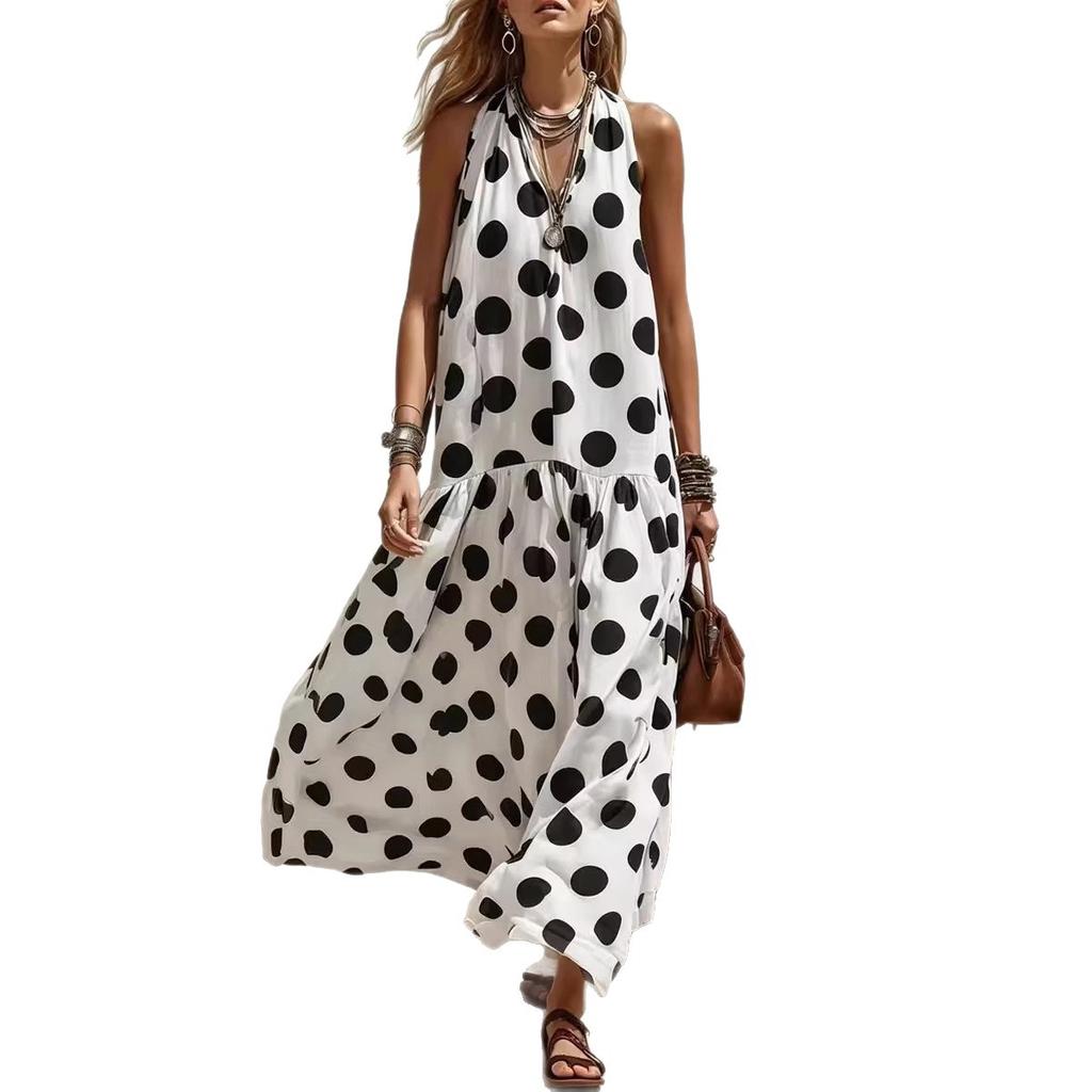 Women Yellow Polka Dot Print Halter Neck Maxi Dress Casual Summer Beach Vacation Dress
