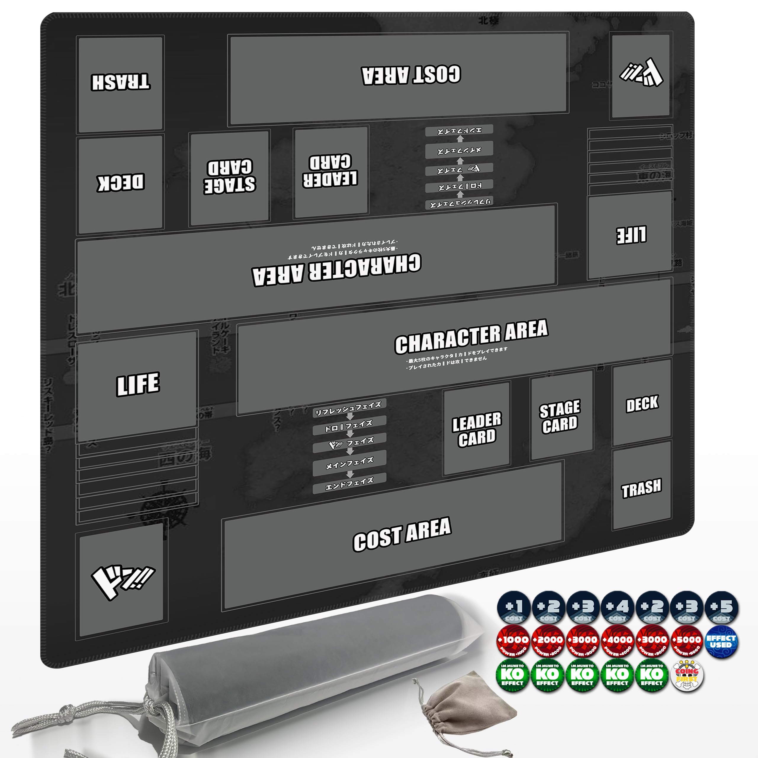 

Игровой коврик для карточной игры One Piece с 2 наборами счетчиков урона, профессиональное хранение, 24x24 дюйма, игровой коврик TCG с резиной и зонами для двух игроков и сумка,