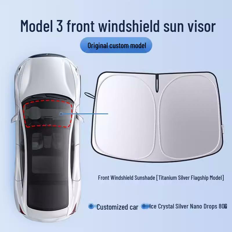 

Tesla Model 3/Y Front Windshield Sun Shade, Opaque, Heat-Insulating, Sun Protection, Full Blackout Model 3 Double-Layer Thickened Front