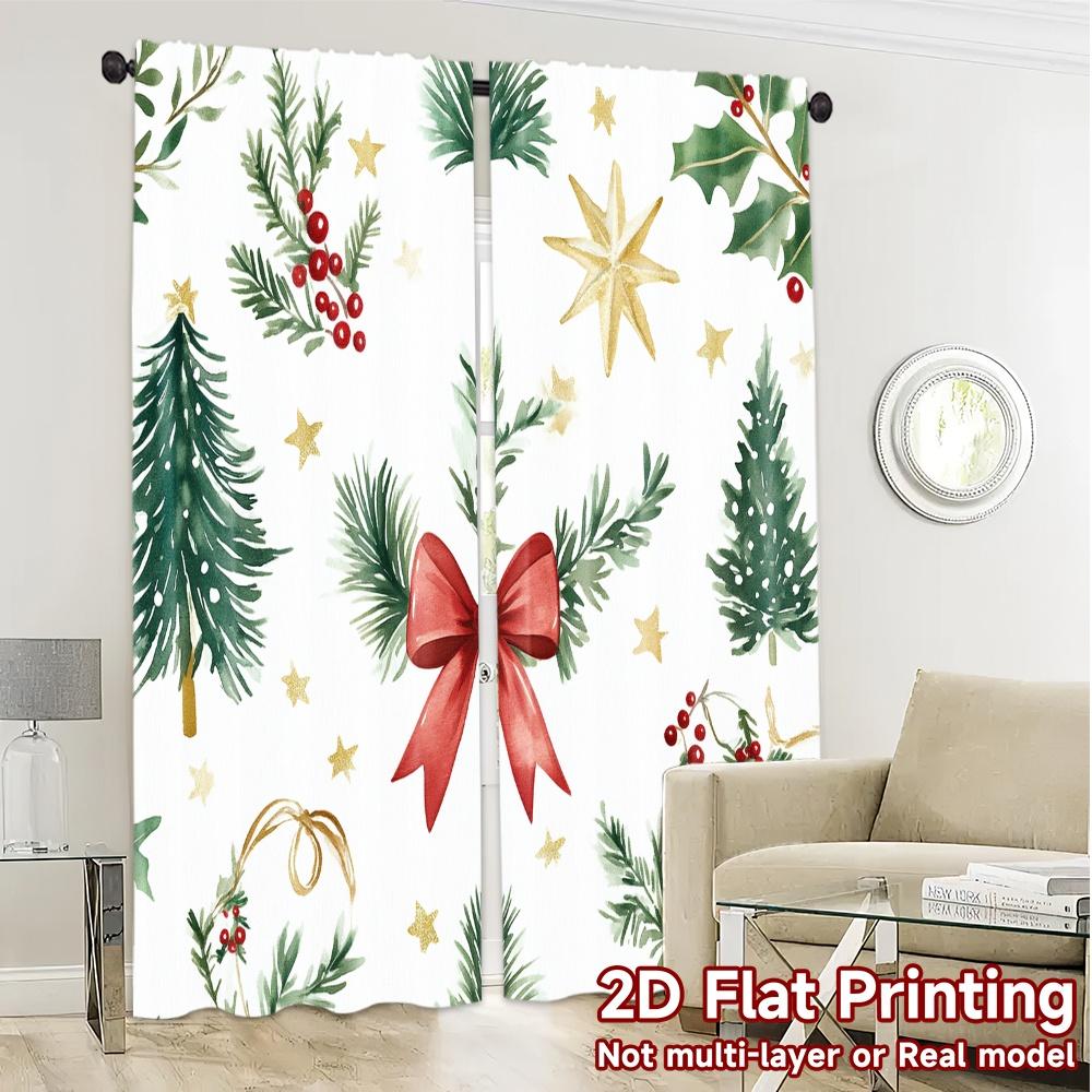 2pcs  Curtains Christmas Bow Holly Berry Tree Fashionable Popular Curtains Durable Polyester Curtains Decorations Inside Use for