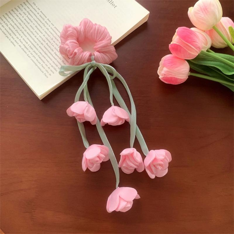 Elegant Floral Tulle Scrunchie With Fringe Detailing Headbands Rope Hair Band For Everyday Styling