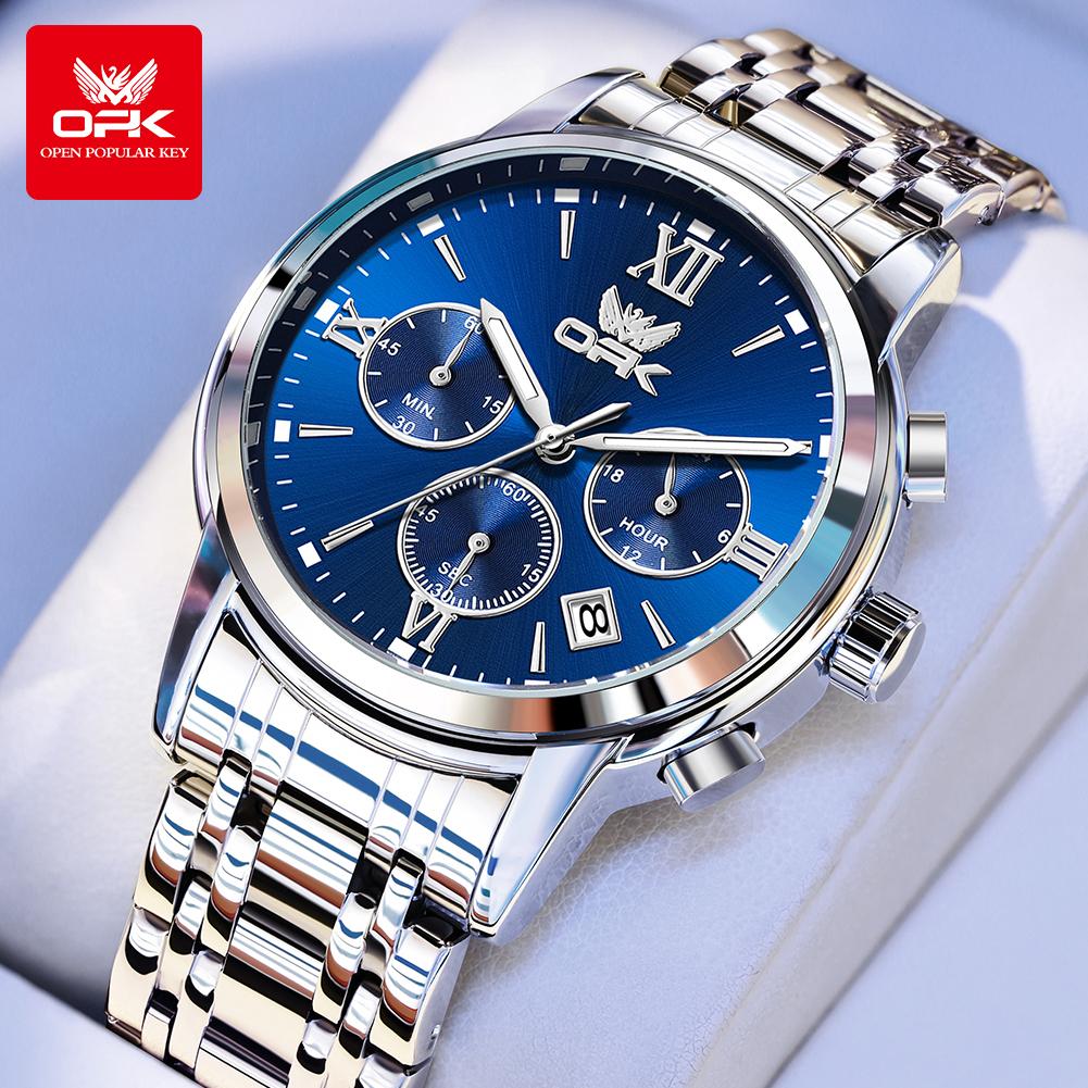 OPK 6047 Men's Watches Classic Chronograph Quartz Wrist Watches for Man Steel Strap Waterproof Luminous Auto Date Hand Clocks