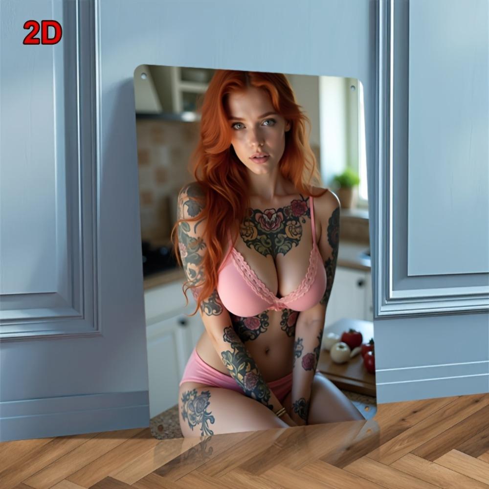 Vintage Metallschild - 8x12 Zoll Künstlerisches Tattoo Rothaariges Mädchen Dekor Plakette, Langlebige Eisen Wandkunst für Bar/Café/Schlafzimmer/Küche