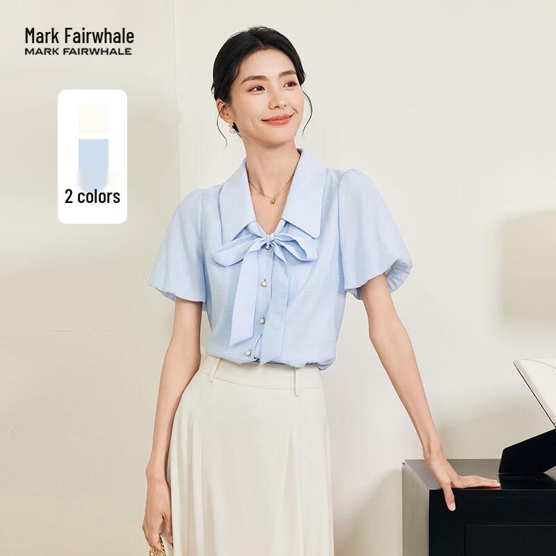 MARK FAIRWHALE Women s Blue Bow-knot Puff Sleeve Chiffon Shirt S