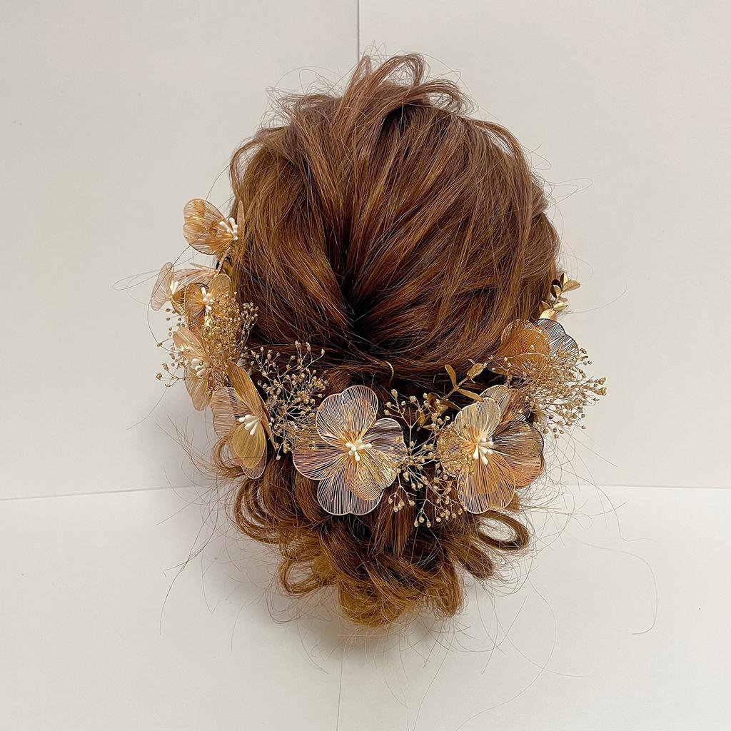 Gold Flower Headpiece with Dried Breath Perfect for and Baby's Leaves, Kimono, Coming-of-Age Ceremonies, Graduations, Weddings, Furisode/Hakama.
