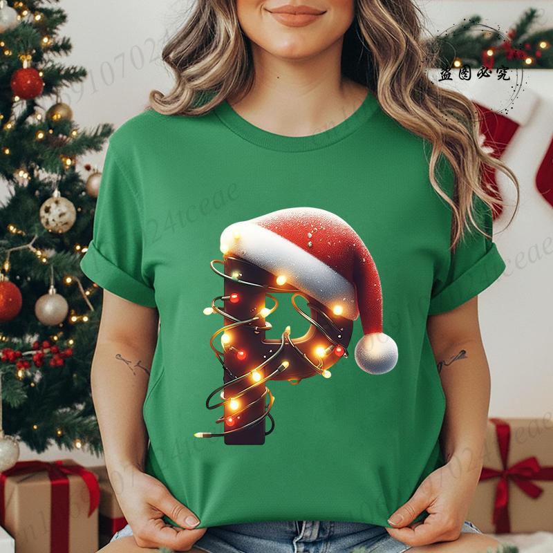 Women's Casual T-Shirt Christmas-lights-wrapped-letter Graphic Tshirt Christmas Design Round Neck Short Sleeve Tee Shirt Clothes