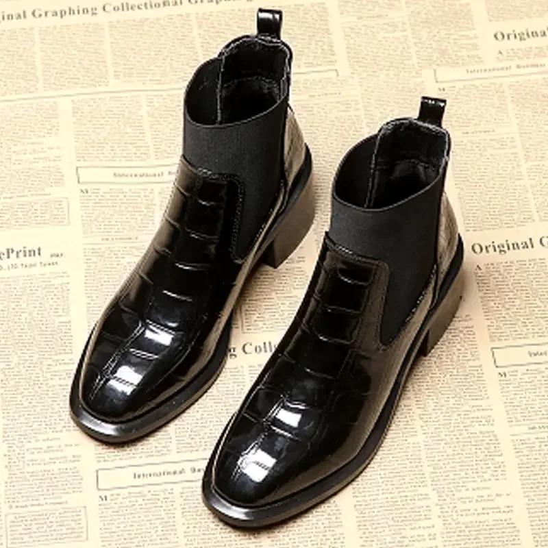 

Ankle Boots Women Round Toe Block Low Heel Chelsea Boots Black Slip On Patent Leather Ankle Boots Comfortable Non slip Shoes for daily use 40