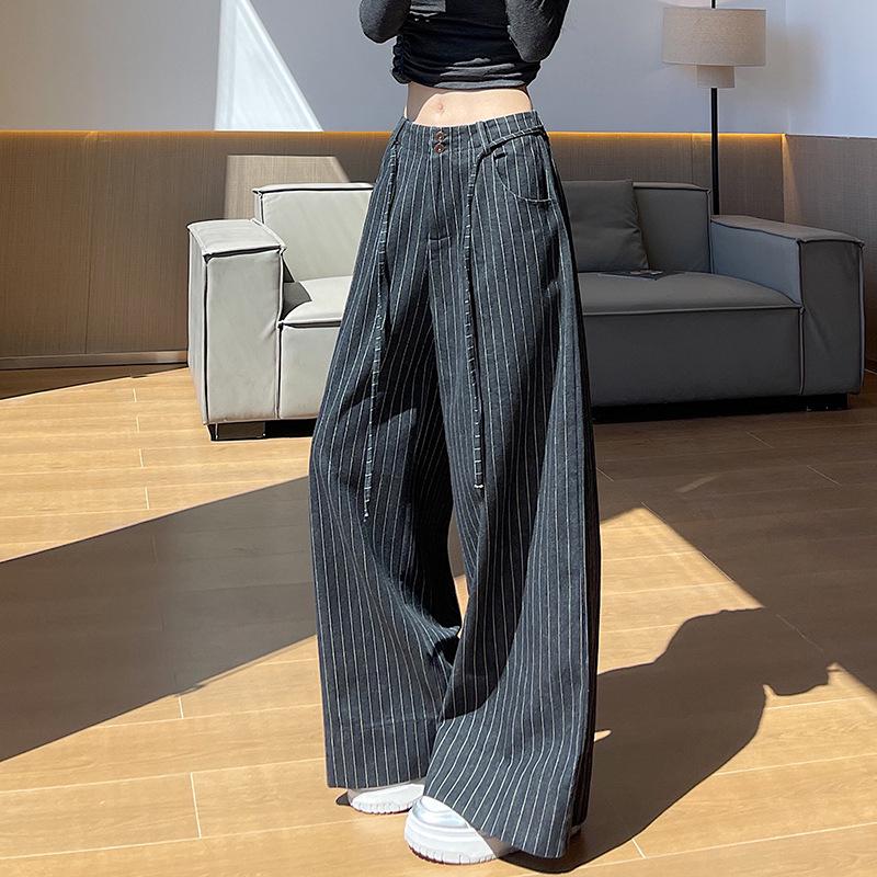 Women's Retro Striped Wide-Leg Pants, 2026 Spring/Summer, Tie-Up Loose Fit, Versatile Old Money Style.