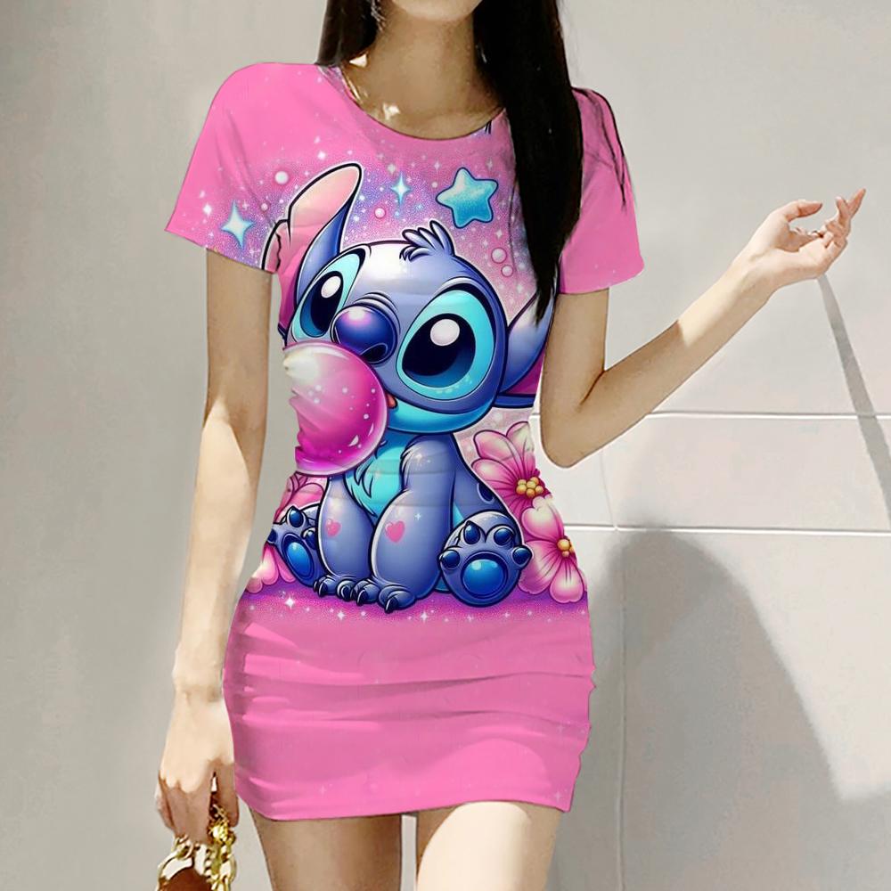 2026 Summer Disney Stitch 3D Cartoon Printed Girl Dress Short Sleeve Women's/Adult Parent-Child Dress Kawaii Beach Party Dress