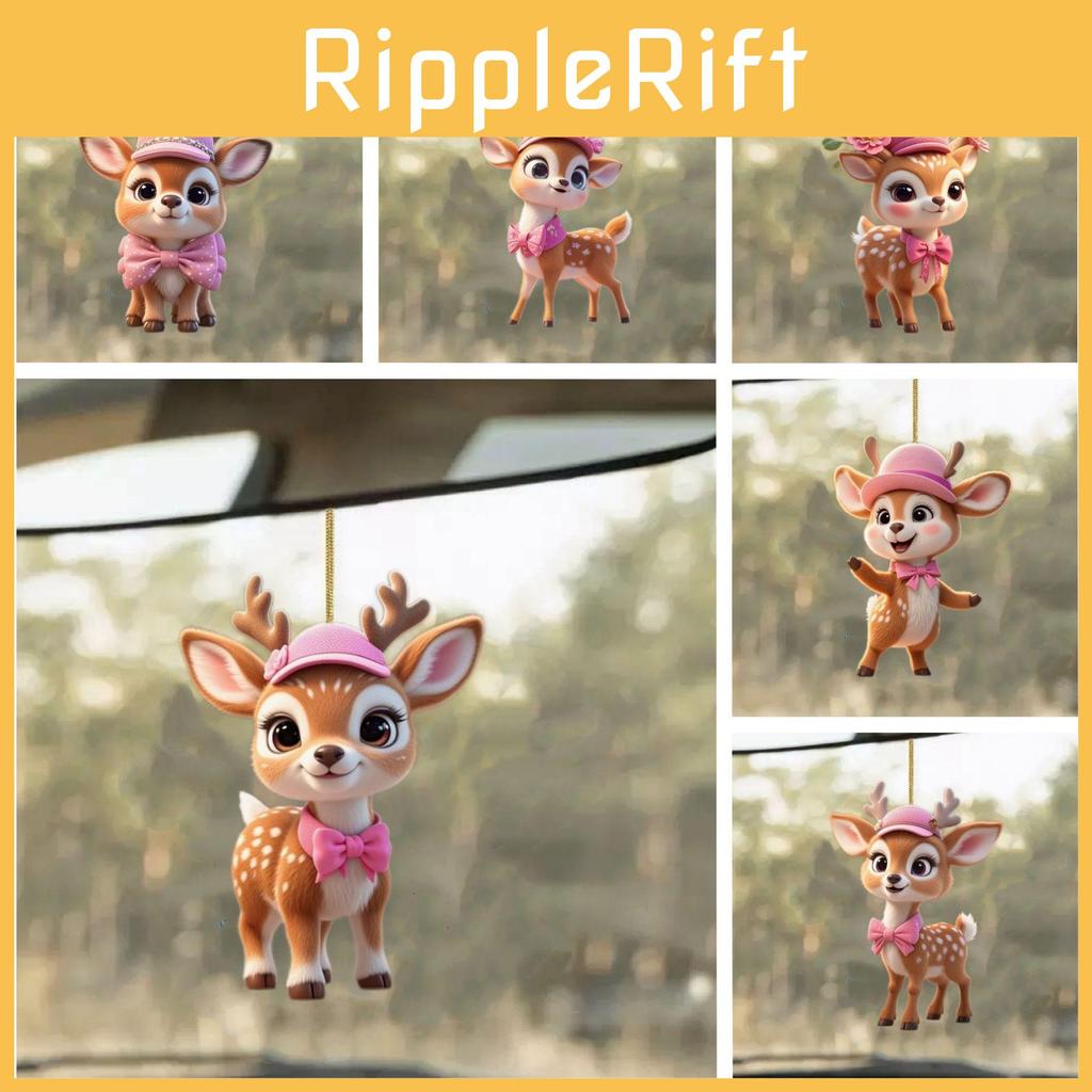 Décoration de Voiture Acrylique Dessin Animé Cerf Ornement Miroir Avec Chapeau Rose Et Nœud Pour Intérieur de Voiture Enfant
