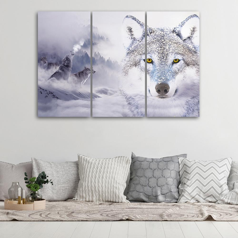 Three Piece Picture Canvas Print Wolf Forest Fog Nature Grey