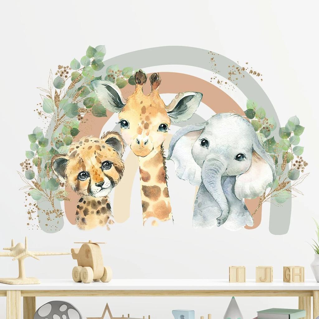 Cartoon Cute Smiling Face Lion Giraffe Elephant Leaf Rainbow Wall Sticker for Kids Room Bedroom Home Decoration Wall Decor
