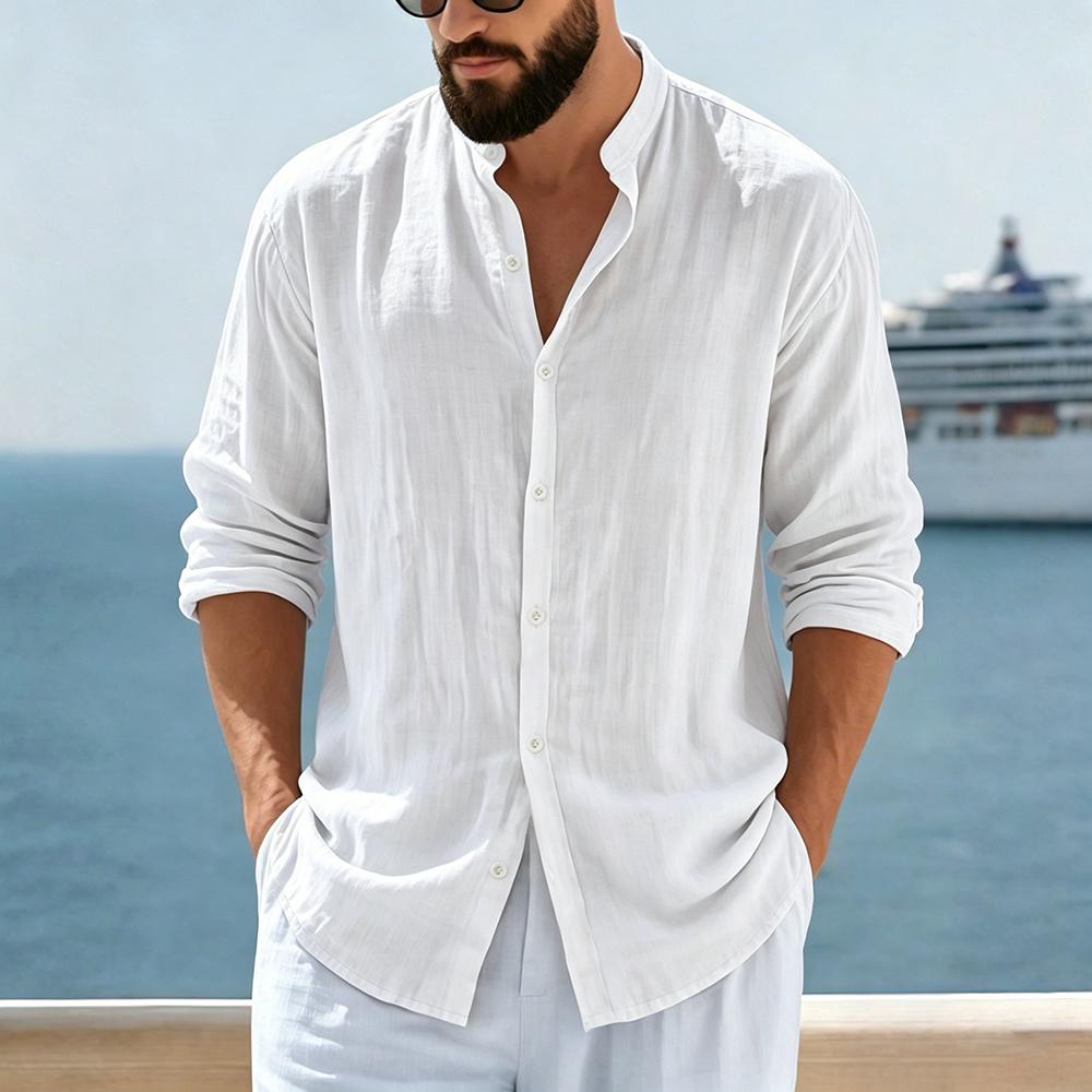 Herren Leinenmischung Mandarin-Kragen Hemd - Langarm Button-Up Lässig Lockerer Schnitt Strandurlaub Oberteil in Unifarben Beige