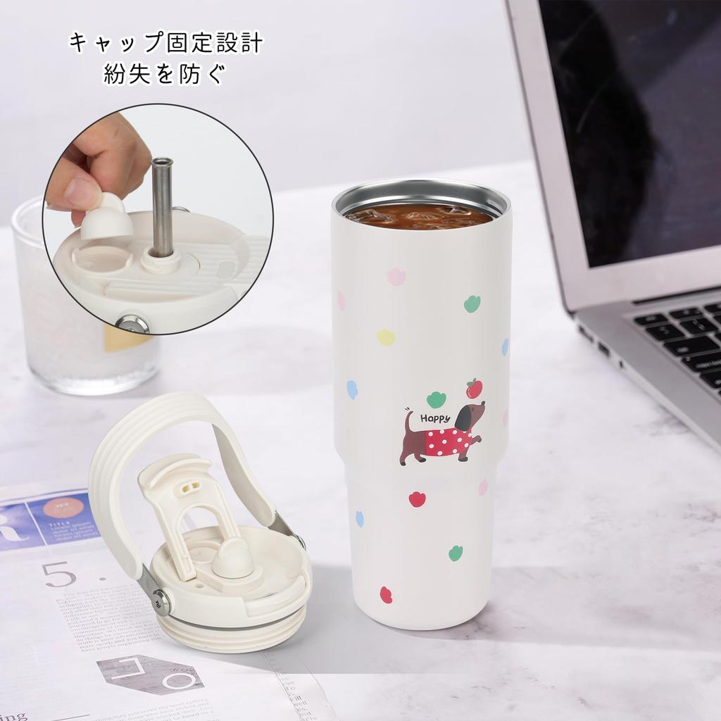 SKIASE Tumbler with 900ml Water Vacuum Keeps Hot or Wide Direct with Outdoor Red Puppy Design Straw, Bottle, Insulated, Cold, Mouth, Drinking, Lid,