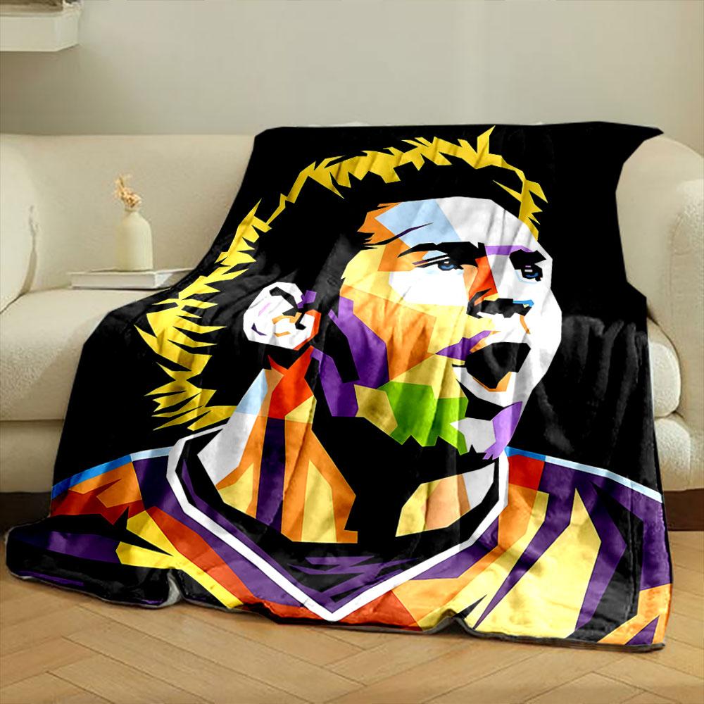 A colorful, abstract geometric portrait with spiky yellow hair elements. for all seasons blanket lunch break throw gift
