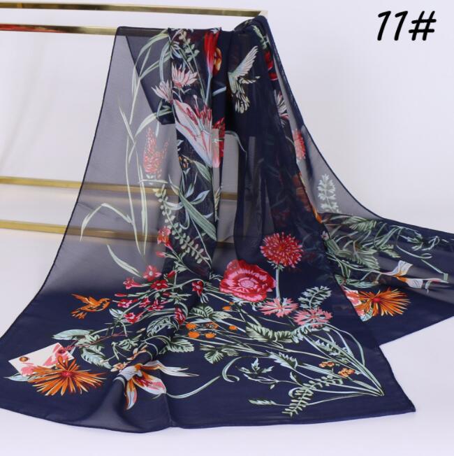 Chiffon Floral Elegant Scarves Silk Scarf Fashion Women Flower Printed Long Soft Wrap Scarf Simulation Silk Shawl Beach Scarf