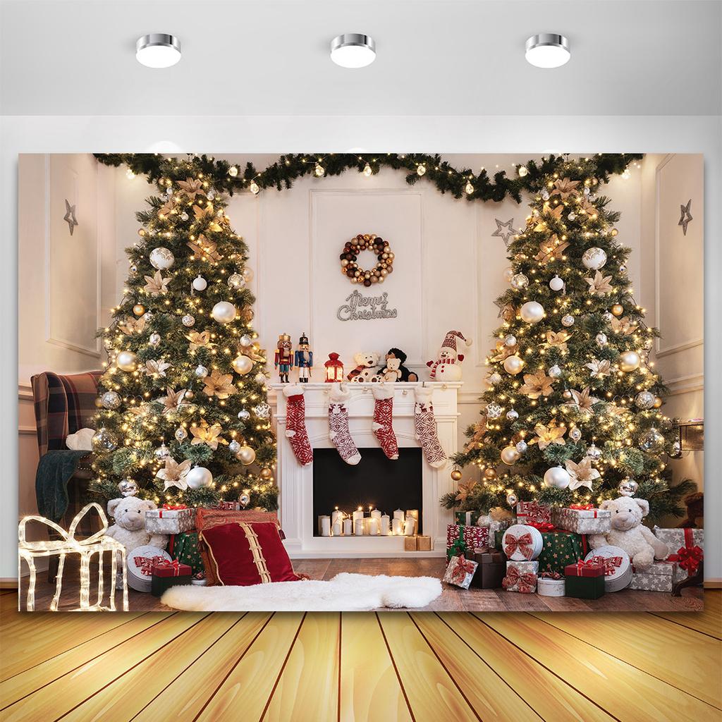 Weihnachtsbaum Blumenkranz Holz Geschenk Fotografie Hintergrund Fenster Kamin Feuer Weihnachten Neujahr Party Hintergrund Fotowand