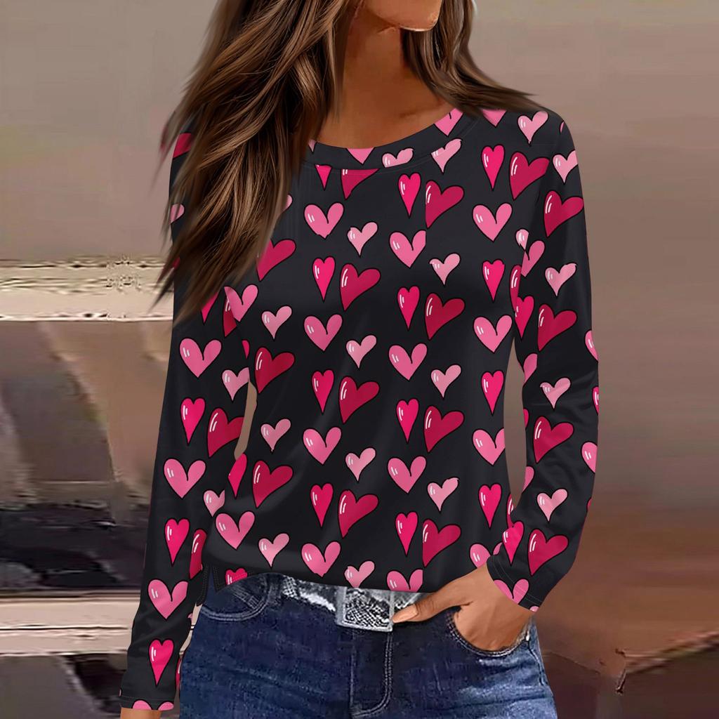 Women's Fashion Casual Slit Hem Round Neck Long Sleeve Loose Printed T-Shirt Ladies Top