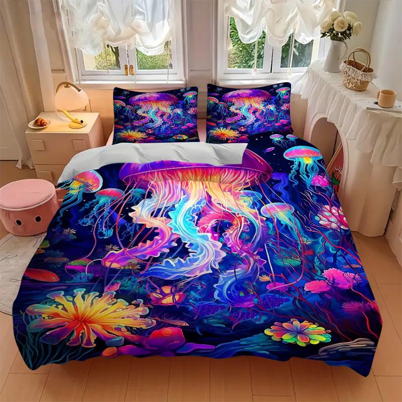 3pcs Colorful Jellyfish Bedding Set - Includes One Quilt Cover and Two Pillowcases (No Core) - Anime Cartoon Design, Perfect for Bedroom and