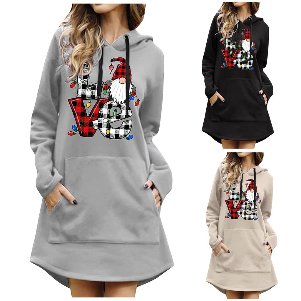 Fashion Casual Women's Christmas Printed Long Sleeve Hooded Pullover Dress Top
