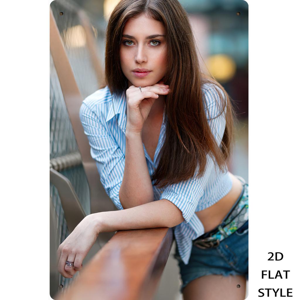 HD Metal Tin Sign Beautiful Model in Blue Striped Shirt  Denim Shorts Urban Street Portrait Wall Art Decor