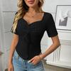 Women's Fashion Solid Color V Neck Pleated Drawstring Sexy Short Sleeved Top