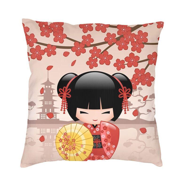Custom Japanese Girl Sakura Kokeshi Doll Square Throw Pillow Cover Home Decorative 3D Double Side Printing Cushion Cover Room