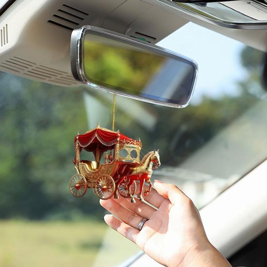 2 Pcs Carriage Christmas Ornament Horse with Sleigh Carriage 2D Acrylic Xmas Tree Ornament for Winter Home Decor